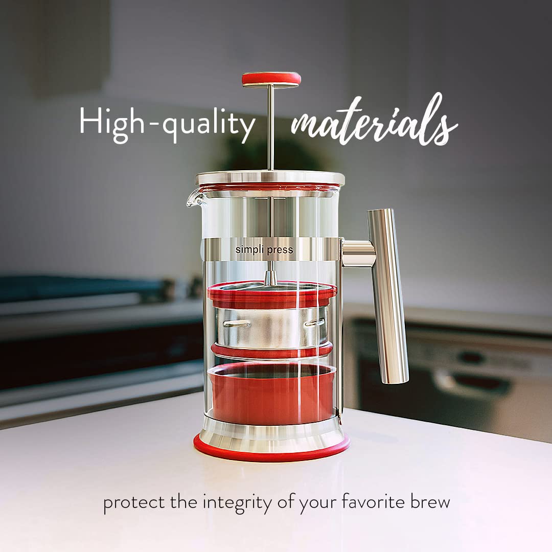 Simpli Press French Press Kaffee- und Teebereiter – einfache Reinigung & körnfreier Kaffee – anpassbarer Kaffee – geschmackvoller, glatter Kaffee – Kunststofffreier Premium-Edelstahl – 964 ml – Rot