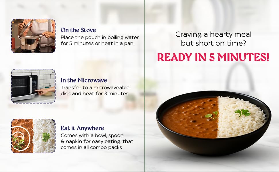HOCCO Combo Ready To Eat Dal Makhani & Rice | Just Heat & Eat | | Pure Veg Indian Food | Ready To Eat Meal | No Added Preservative & Colours | Meal Ready in 5 Minutes | Microwaveable Serves (375g) - Image 4 thumbnail