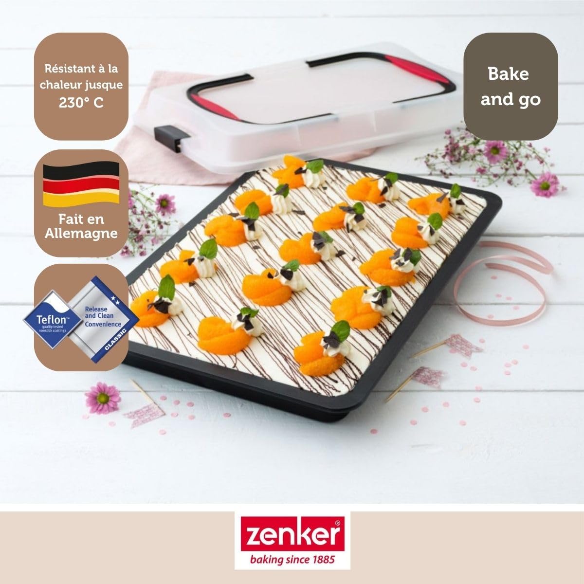 Zenker 7903 plaque de cuisson avec couvercle, plaque pâtisserie four, boite de transport gâteau, boite gâteau rectangulaire, Acier inoxydable, 42 x 29 x 7,5 cm