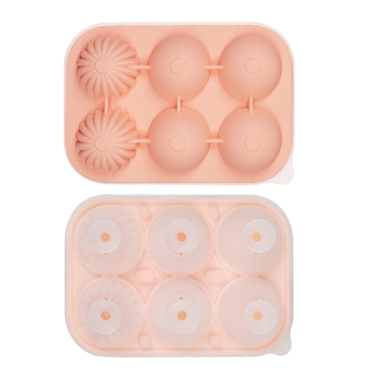 Jazuaiao Decorative Silicone Ice Cubes Tray 6 Round Cavities Efficient Safe Lid Funnel Ice for Cocktails Juices Flower Cubes Maker