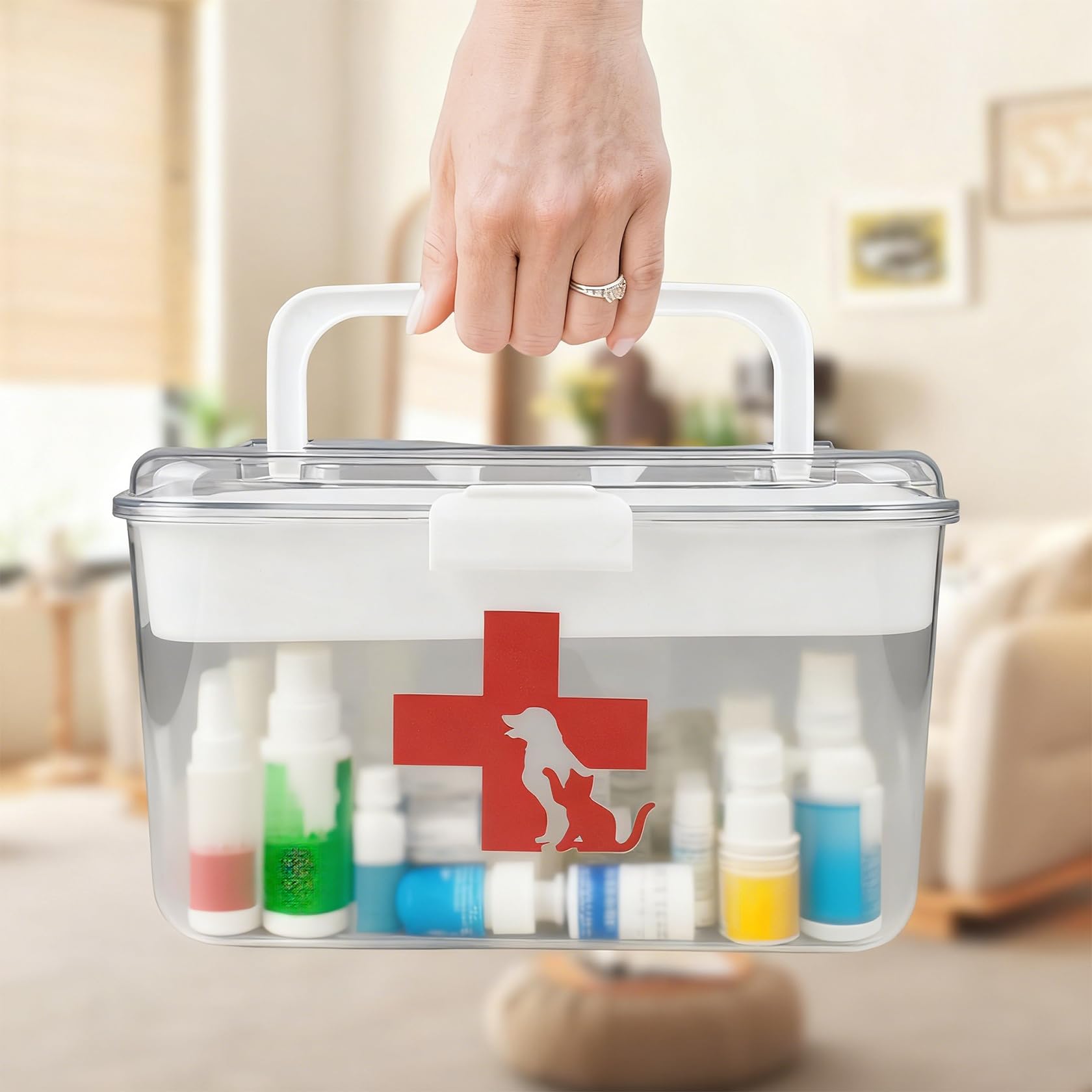 Erste Hilfe Box Hund Katze – 2-lagige Haustier Medikamentenbox mit Griff – Transparente Aufbewahrungsbox für Haustierapotheke & Reiseapotheke – Kunststoff Organizer für Hund & Katze