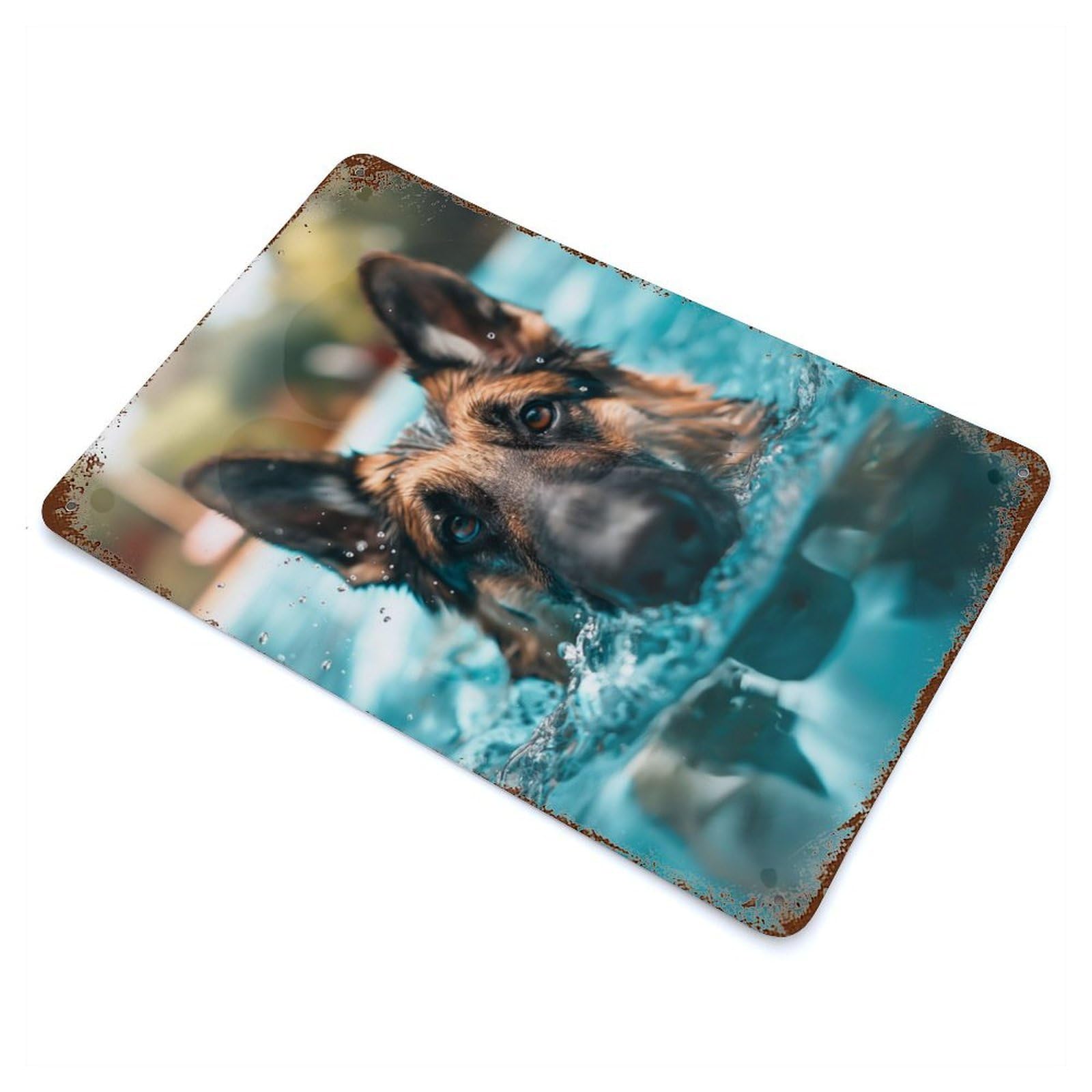 German Shepherd Pool Sunny 11.8"x7.9" Vintage Rust Metal Sign, Shabby Chic Decor for Garage, Bar And Workshop Decor