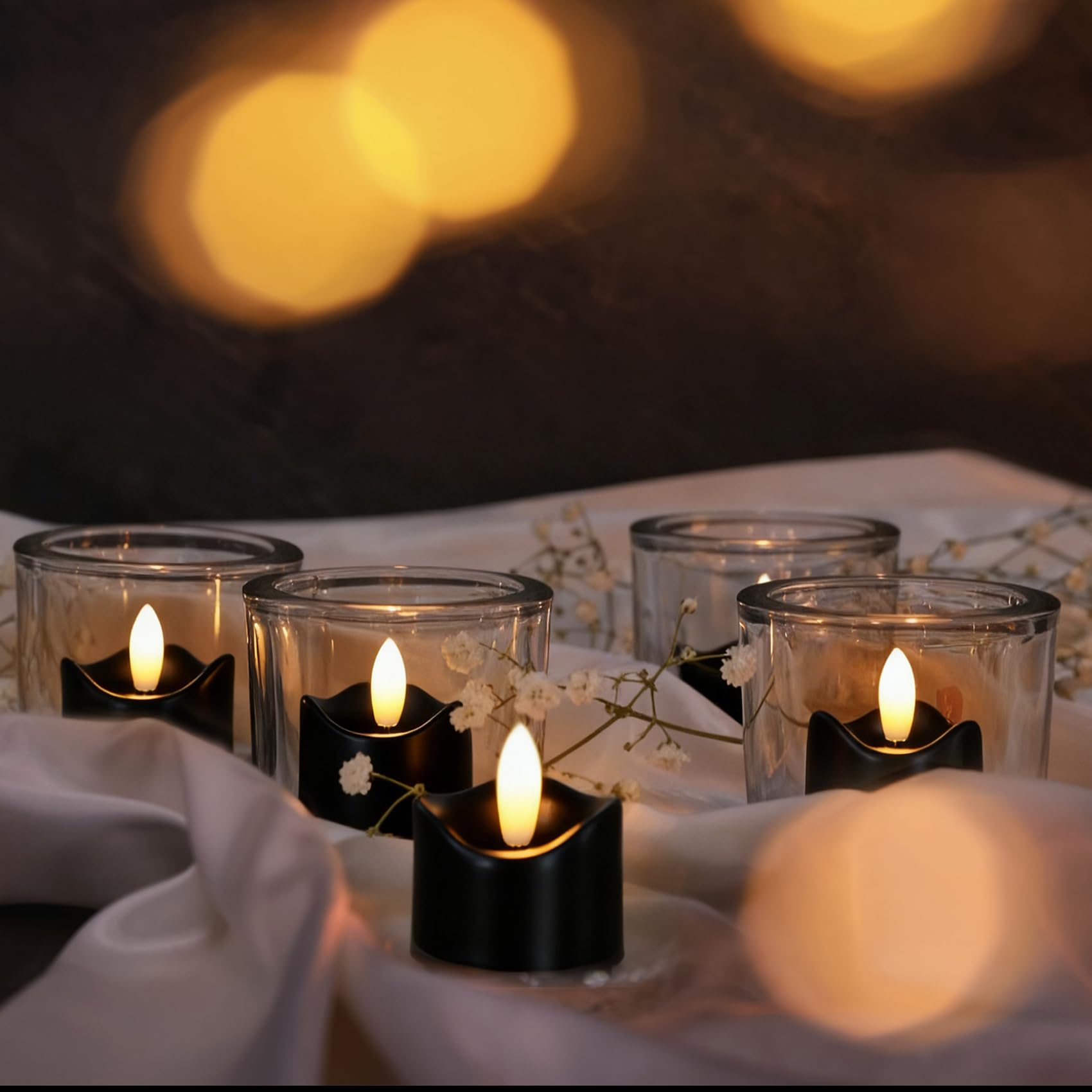 Confezione da 48 candele tealight senza fiamma, funzionamento a batteria, realistiche, tremolanti, candele votive LED per matrimoni, Halloween, feste, decorazioni per la casa