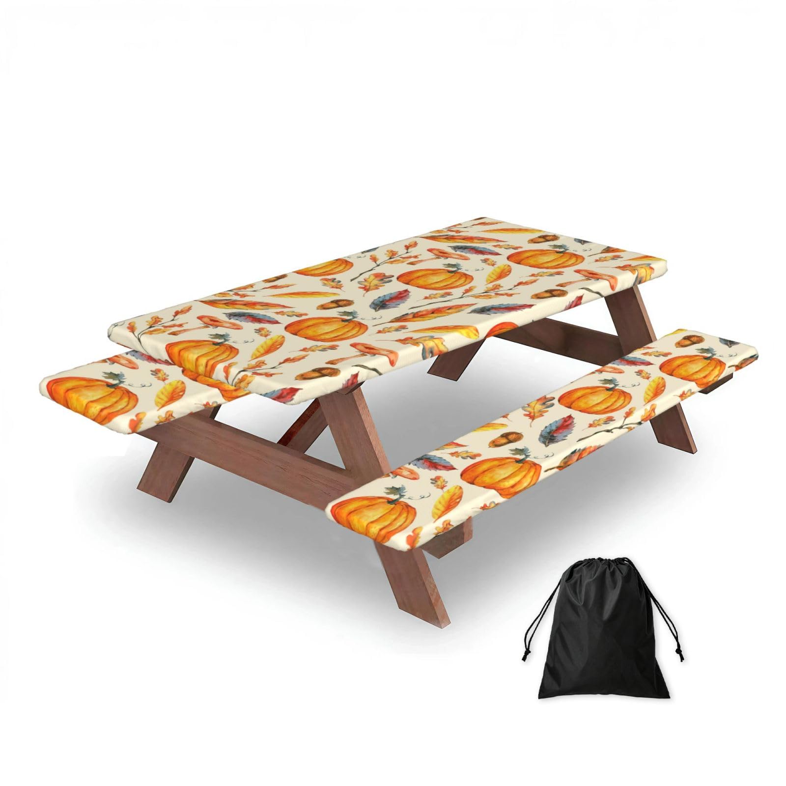 Dopklna As Picture Watercolor Pumpkins Leaves Mushrooms, Picnic Table Cover With Bench Covers -Waterproof Elastic Fitted Tablecloth For Garden Camping Patio 76X152cm