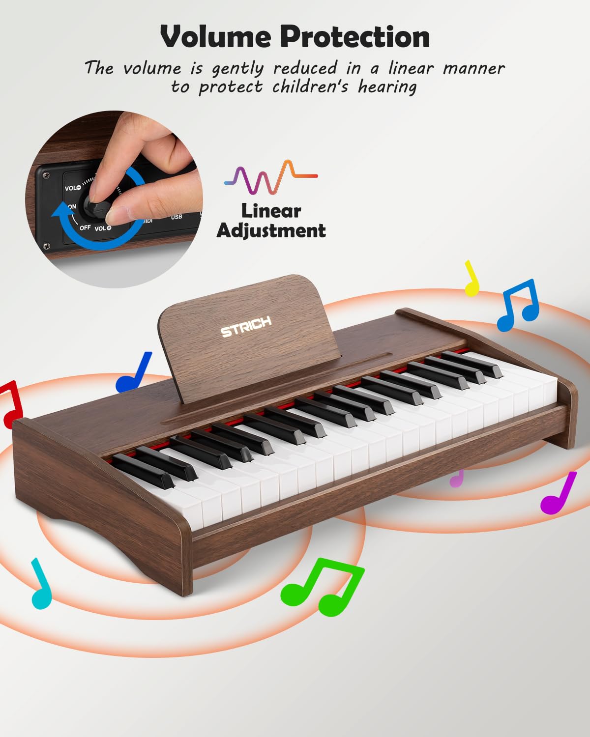 STRICH Clavier de piano numérique à 37 touches, mini piano numérique pour enfants, volume réglable, livre de musique, piano en bois pour 3 filles et garçons et plus, couleur noyer, SEK-37