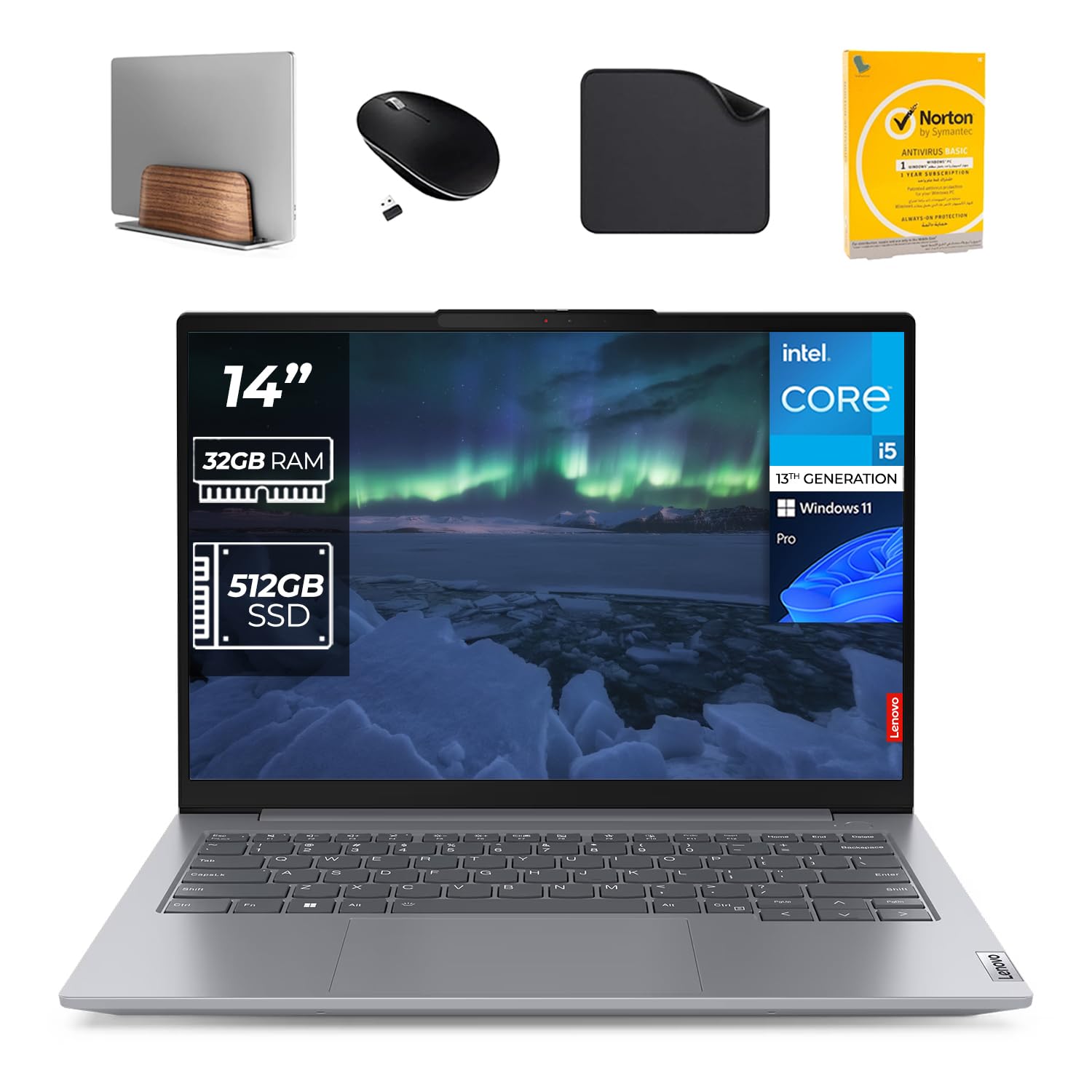 Lenovo Business Laptop ThinkBook 14 Gen 6 – 13th Gen Intel i5-13420H, Backlit Keyboard, Fingerprint, Win11 Pro (Include 1st Wave Laptop Stand + Mouse + Antivirus + Mousepad) (32GB RAM | 512GB SSD)