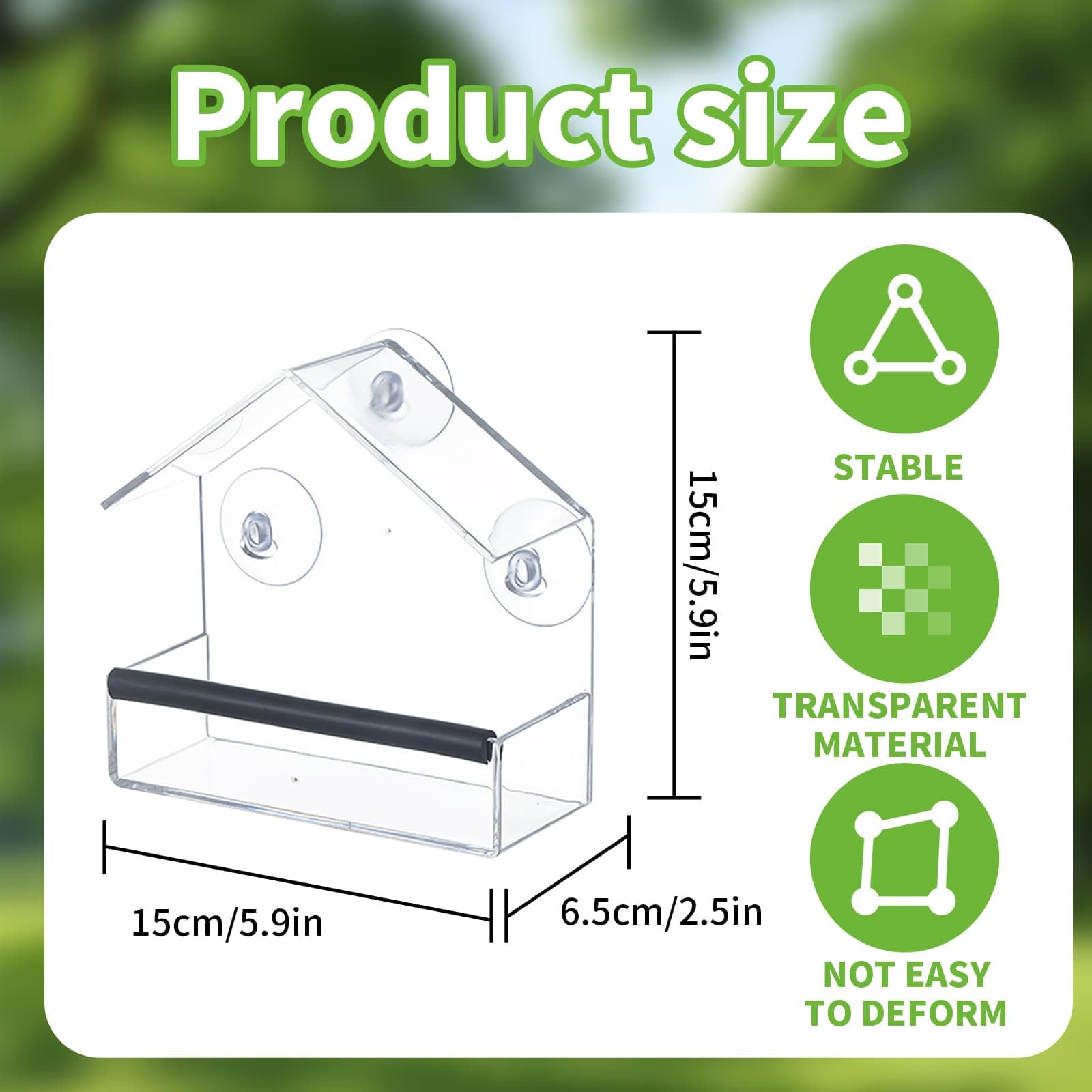 Window Bird Feeder Transparent with Super Suction Cup, Detachable Tray with Drainage Hole, Wild Bird with Roof Windproof and Rainproof Transparent Ornamental for Gardens & Outdoor - Image 2