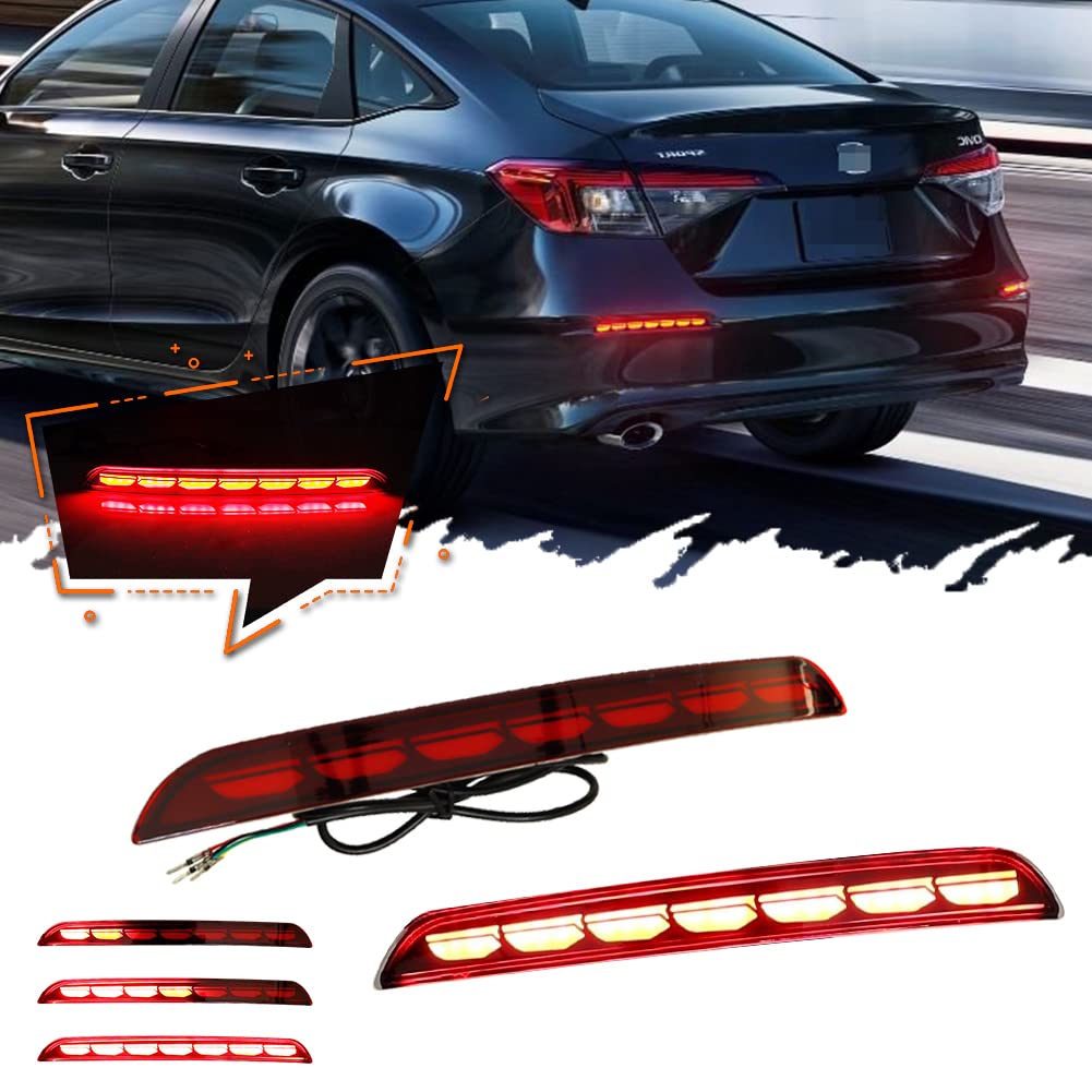 TurningMax Compatible With 2021 2022 Honda Civic Sedan Rear Bumper Reflector Brake Fog Light Sequential Turn Signal Lights Red Lens 3 in 1 LED