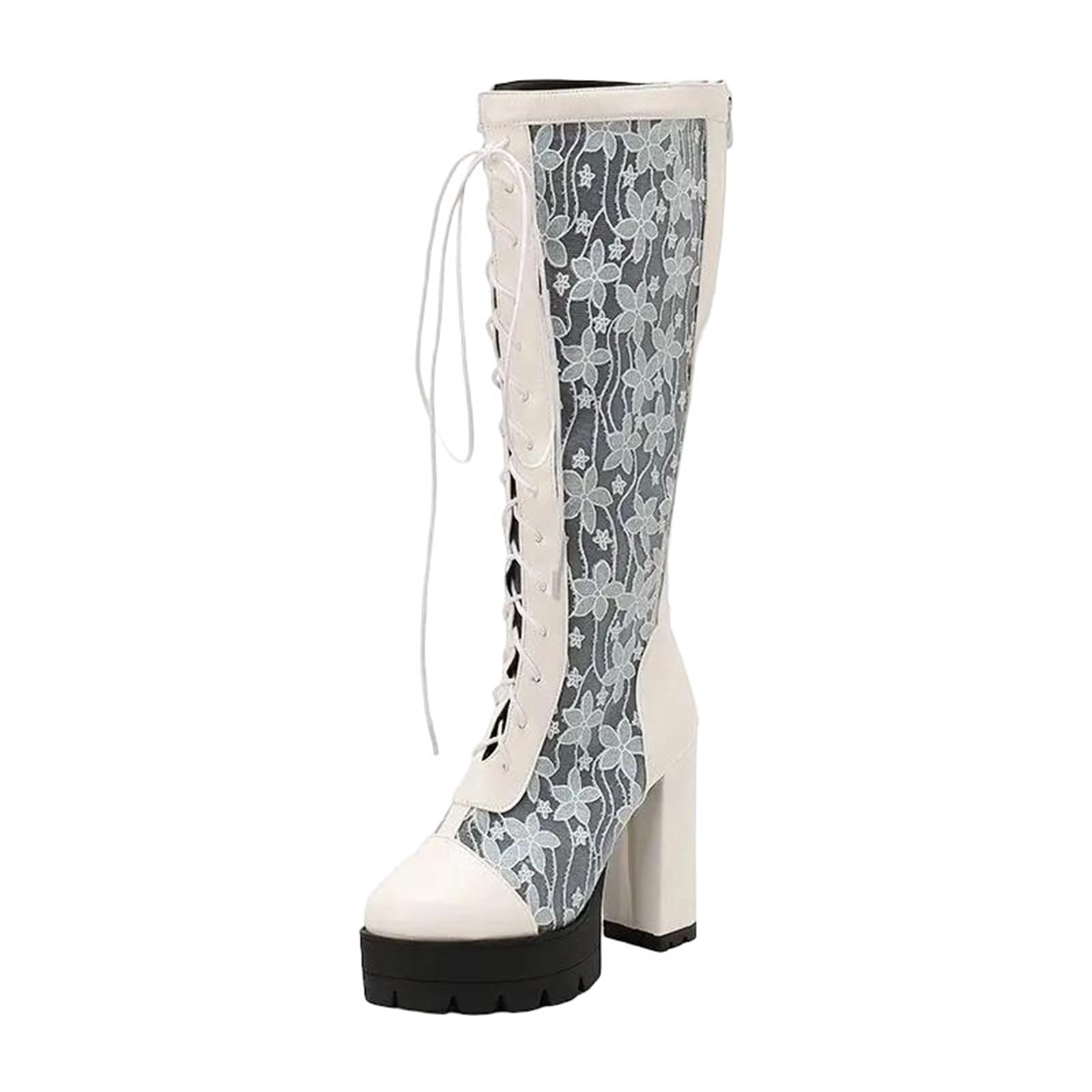 Womens Fashion Knee High Boots With A Round Toe High Block Heel And Platform Featuring A Mixed Color