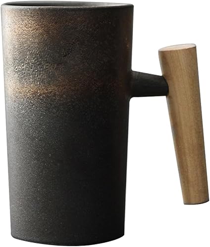 Taza de café con mango de madera, 7.4 fl oz, taza de café de madera, tazas ergonómicas exquisitas de gres vintage, taza de cerámica para oficina en