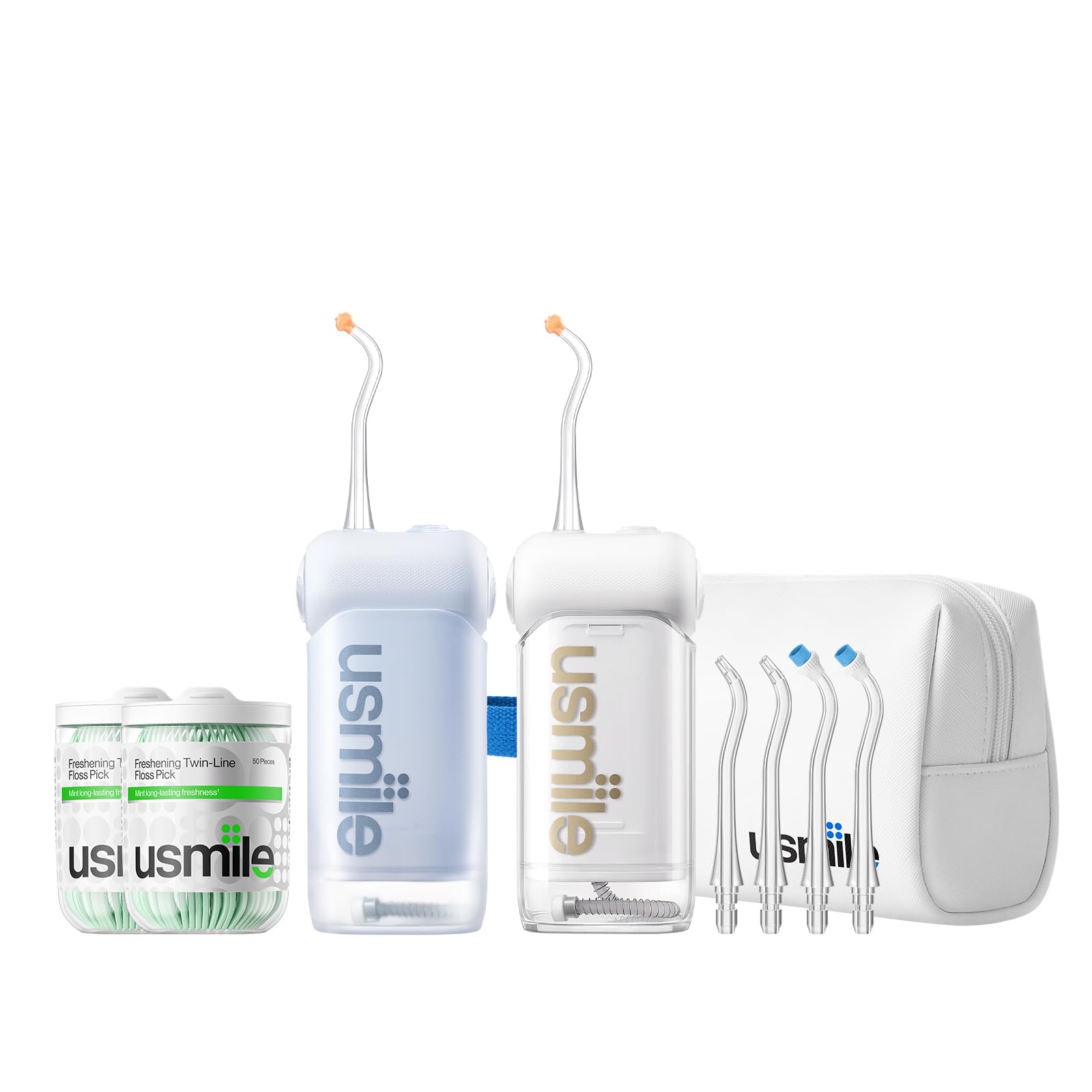 4-in-1 Bundle usmile C10 Portable Water Flosser Blue White Travel Case 2 50pcs Dental Floss Picks Complete Family