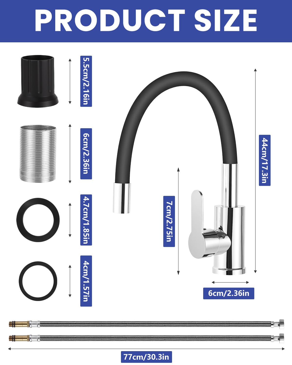 Grifo de Cocina Flexible Grifo de Fregadero de Cocina de Curva Alta Cozinha Monomando de Alta Presión, Giratorio 360°, con Filtro y Tubo de Silicona, Para Agua Caliente Y Fría