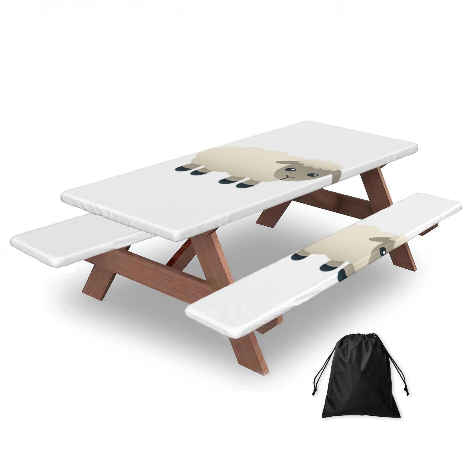Duwaa Black Sheep Print 183Cm Picnic Table Cover With Bench Covers, Waterproof Elastic Tablecloth Set For Outdoor