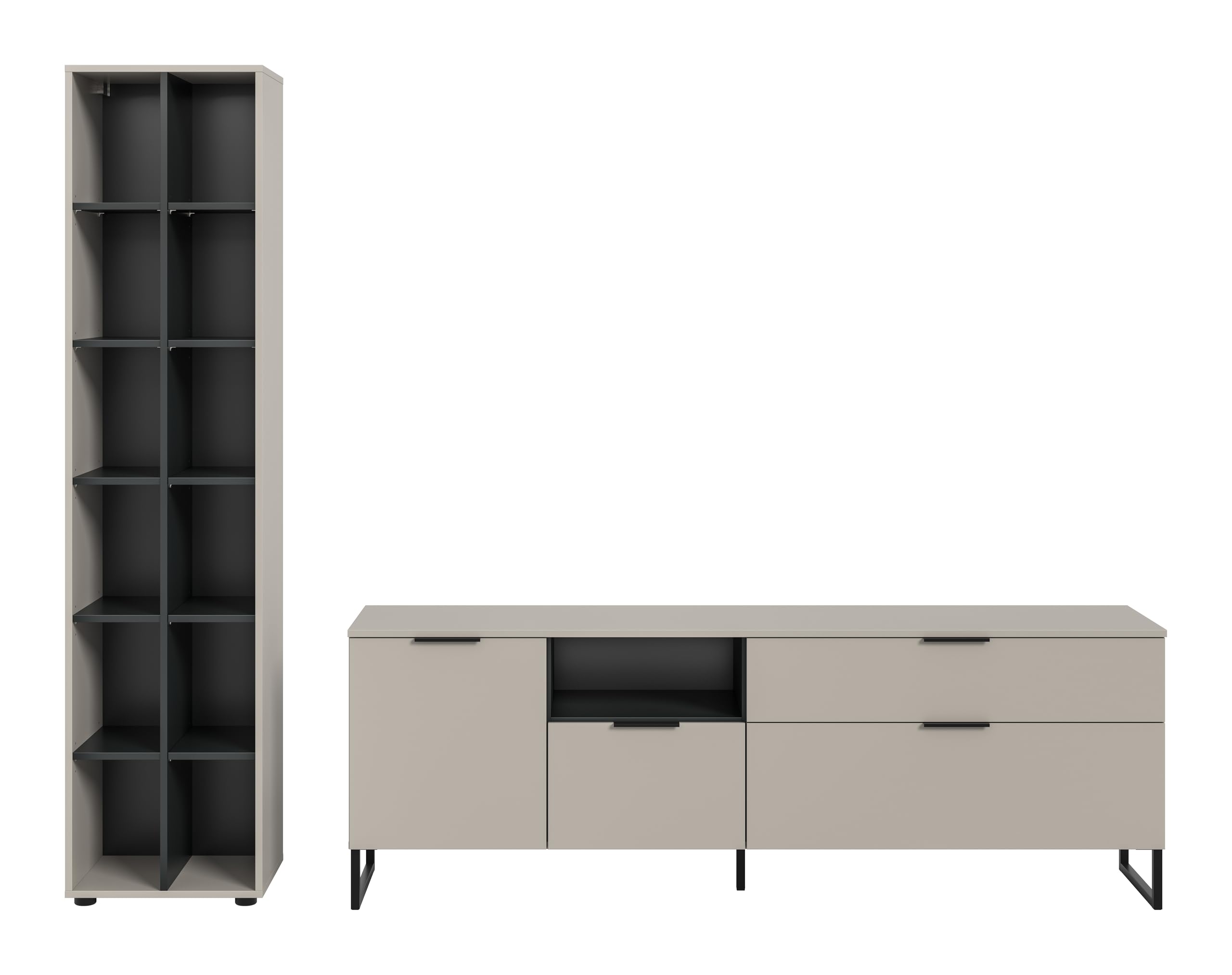 xonox.home – Wohnkombination Noida 245x192x41 cm in Kaschmir Nachbildung und Schwarz – Zeitgemäßes Wohnzimmermöbel-Set mit Stauraum – klar, modern & wohnlich