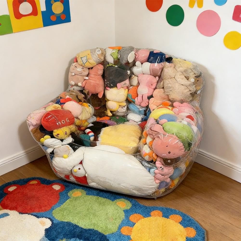 Transparente Stofftier-Aufbewahrungs-Sitzsack-Abdeckung für Kinder, großes Fassungsvermögen, Spielzeug-Organizer und Aufbewahrung mit doppeltem Reißverschluss, kreative PVC-Plüschtieraufbewahrung