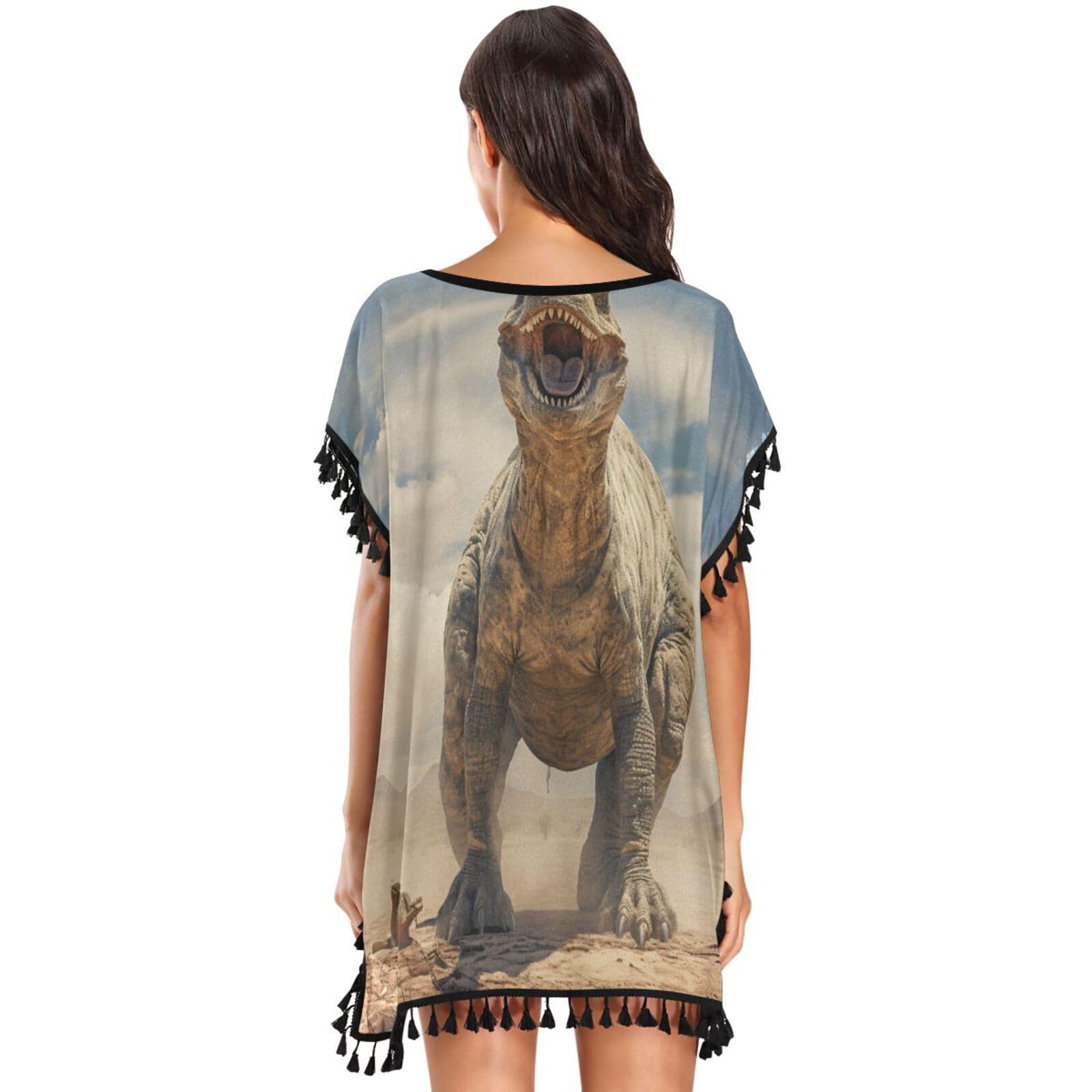 Strong Roar Dinosaurs Women's Beach Cover Up Chiffon Tassel Swimwear Swimsuit Coverups for Girl