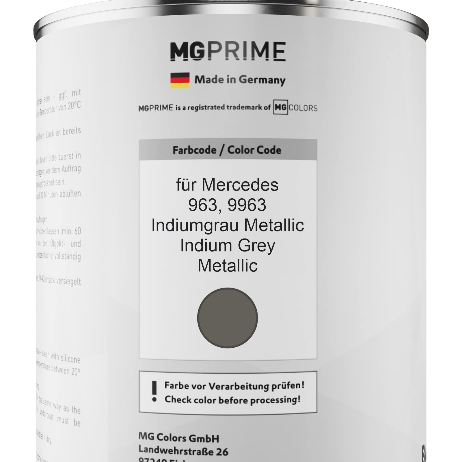 MG PRIME Peinture Voiture Pot En Litre Pour Mercedes 963/9963 Indiumgrau Metallic/Gris Indium Metallic Base 0,5 Litre 500ml