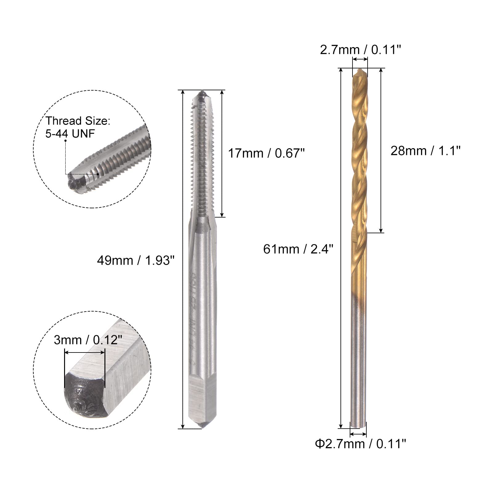 Maschio filettato a scanalatura Dritta 5-44 UNF e Set di Punte elicoidali da 2,7 mm, Punte da Trapano in Acciaio rapido 6542 placcate in Titanio