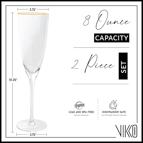 Vikko Copas de champán, 8 onzas, copas de champán decorativas para tostar, vaso martillado con borde dorado, juego de 2 elegantes copas de vino