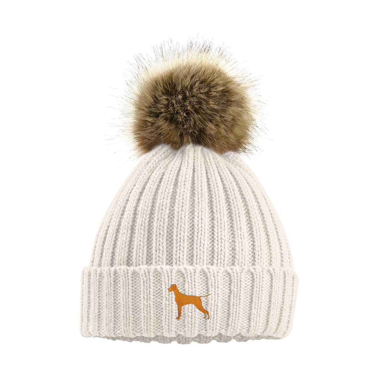 Vizsla Owner Gift. Faux Fur Pom Pom Chunky Knit Super Soft Unisex Embroidered Beanie
