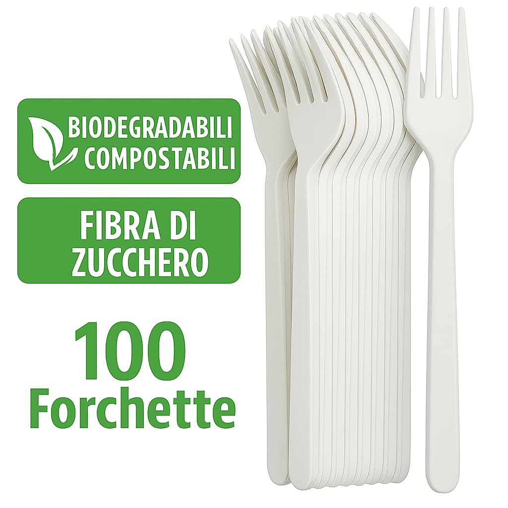 100 Forchette biodegradabili e compostabili Bianche Posate in Fibra di Zucchero Confezioni da 50 Pezzi stoviglie bio Eco Friendly (100 pezzi)