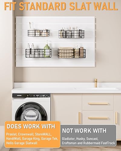 Miniatura 5 de INCLY Juego de 4 cestas negras de pared de listones de metal, para colgar en la pared, accesorios montados para garaje, tiendas, almacenamiento,