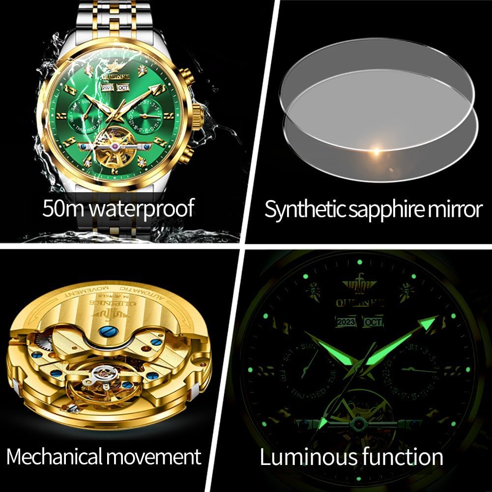 OUPINKE Mens Automatic Watches Diamond Luxury Dress Self Winding Mechanical Waterproof Tungsten Steel Dual Date Wrist Watch 3248:green