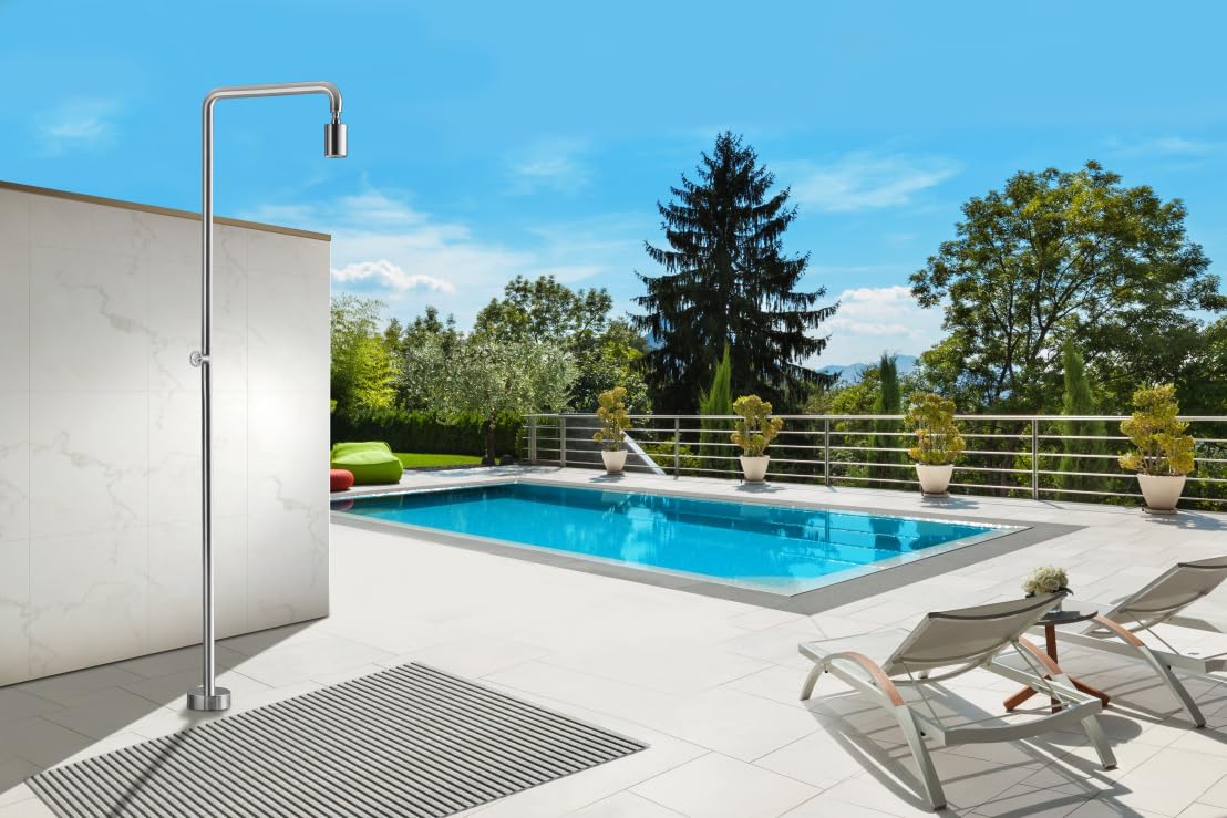 IMEX Barra de Ducha para Exterior - GPP001/AC Serie POOL, Fabricada en Acero S.316, Resistente a la Corrosión, Difusor Ø80 mm Antical, Grifería Monofluido, Giratoria 360°, Ideal para Jardín o P