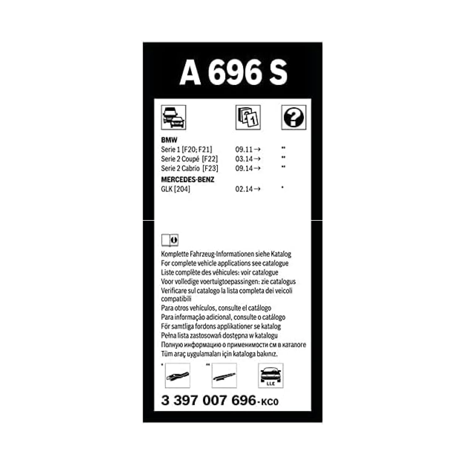 BOSCH Spazzola tergi 3397007696 Compatibile con: BMW 1, 1, 2 Cabriolet, 2 Coupe, FIAT STILO, STILO Multi Wagon, STILO VAN, MERCEDES-BENZ GLK-CLASS