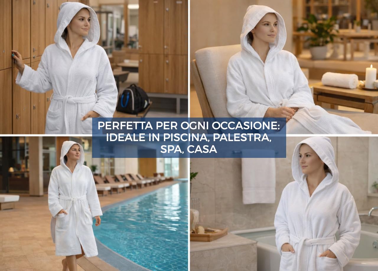 BIANCHERIAWEB Accappatoio In Morbida Spugna Per Sport Palestra Piscina Viaggio con Cappuccio E Cintura Tinta Unita Mod. Boutique