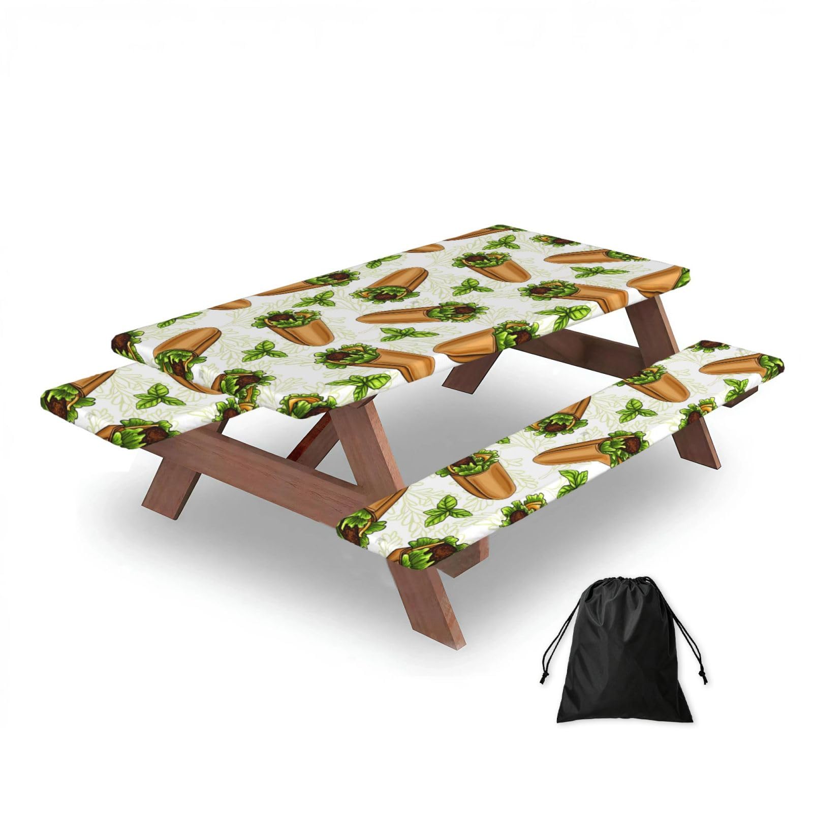 Dopklna As Picture Vegetable Burrito, Picnic Table Cover With Bench Covers -Waterproof Elastic Fitted Tablecloth For Garden Camping Patio 76X152cm