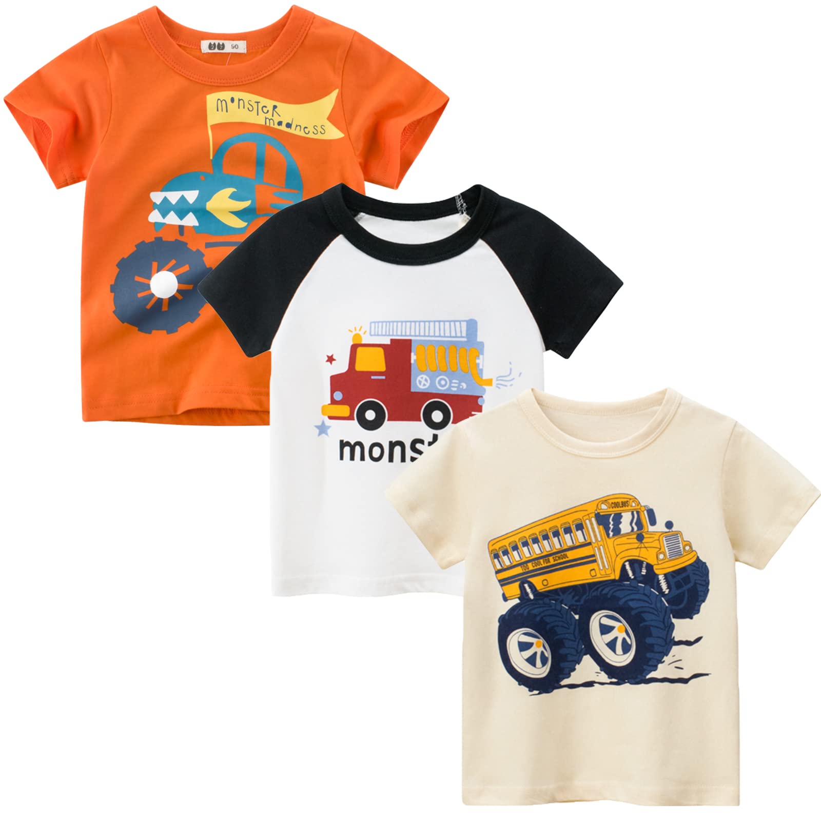 LAUSONSPack of 3 Kids Short Sleeve Cotton Casual T-Shirts Toddler Cartoon Tops