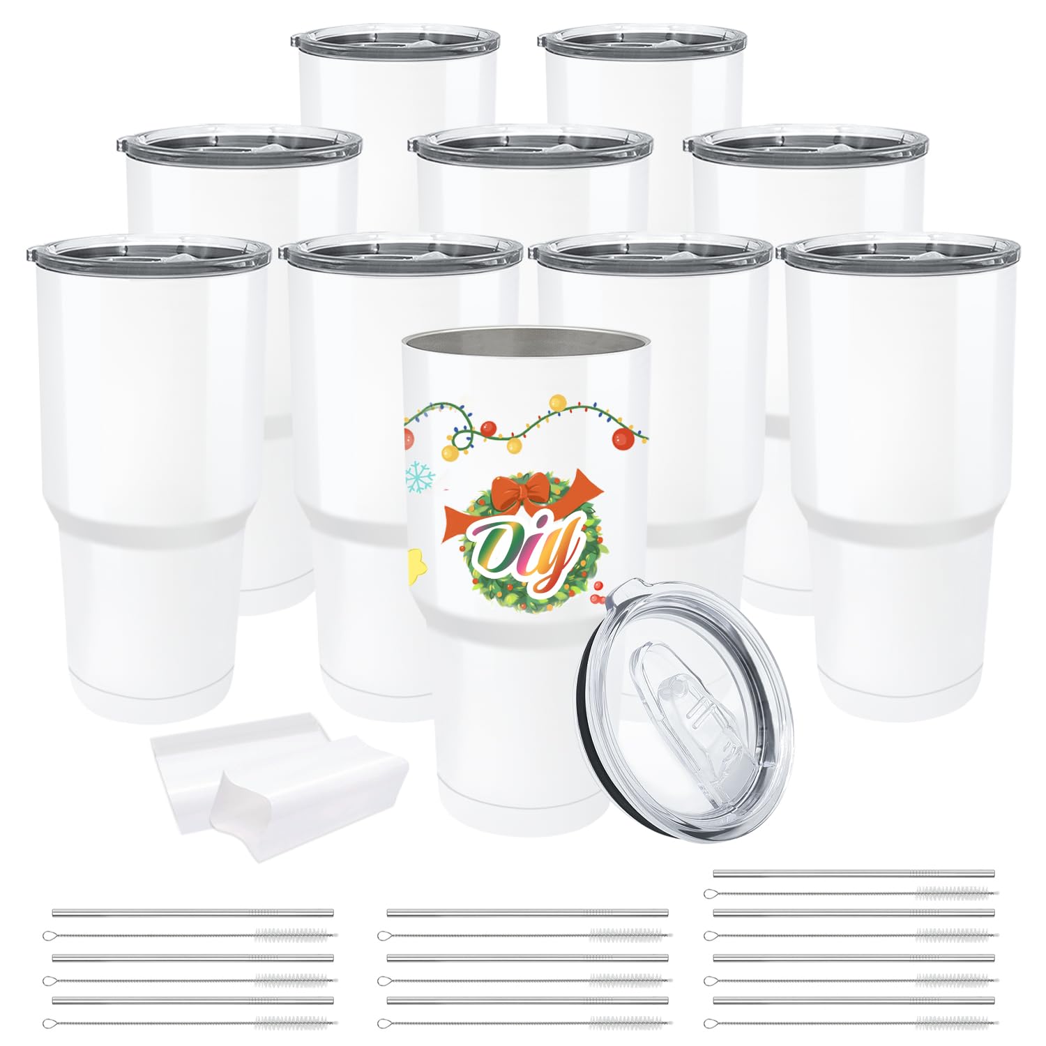 YOUKE OLA 10 Pack Sublimation Tumbler Blank Bulk Stainless Steel Double Wall Vacuum Insulated Coffee Travel Tumbler Car Cups with Shrink Wrap & Straws, White 30oz