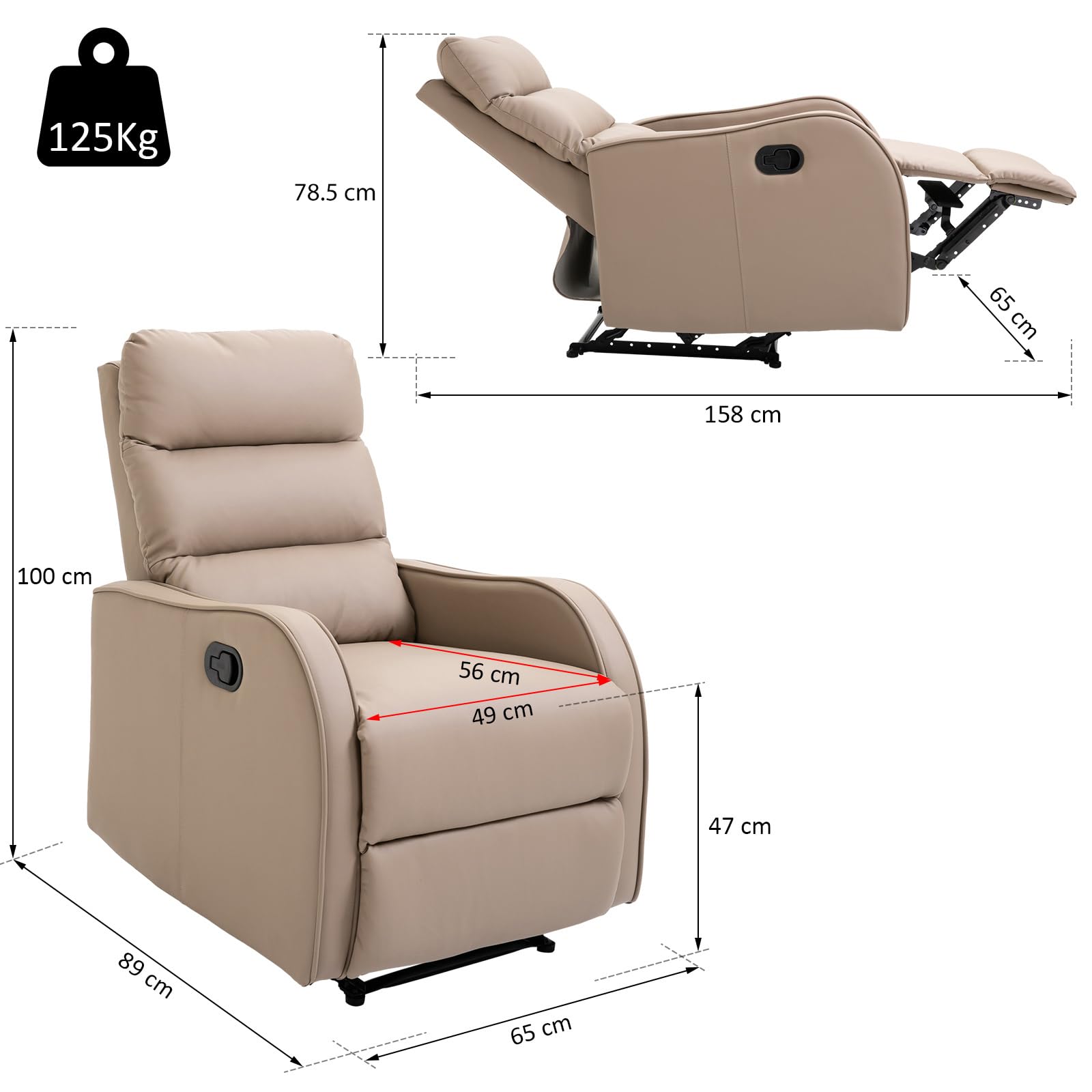 HOMCOM Poltrona Relax Reclinabile Manuale 160° con Poggiapiedi, Seduta Ampia, Poltroncina Reclinabile Imbottita Girevole in Finta Pelle per Camera da Letto, Salotto e Soggiorno, Marrone Chiaro