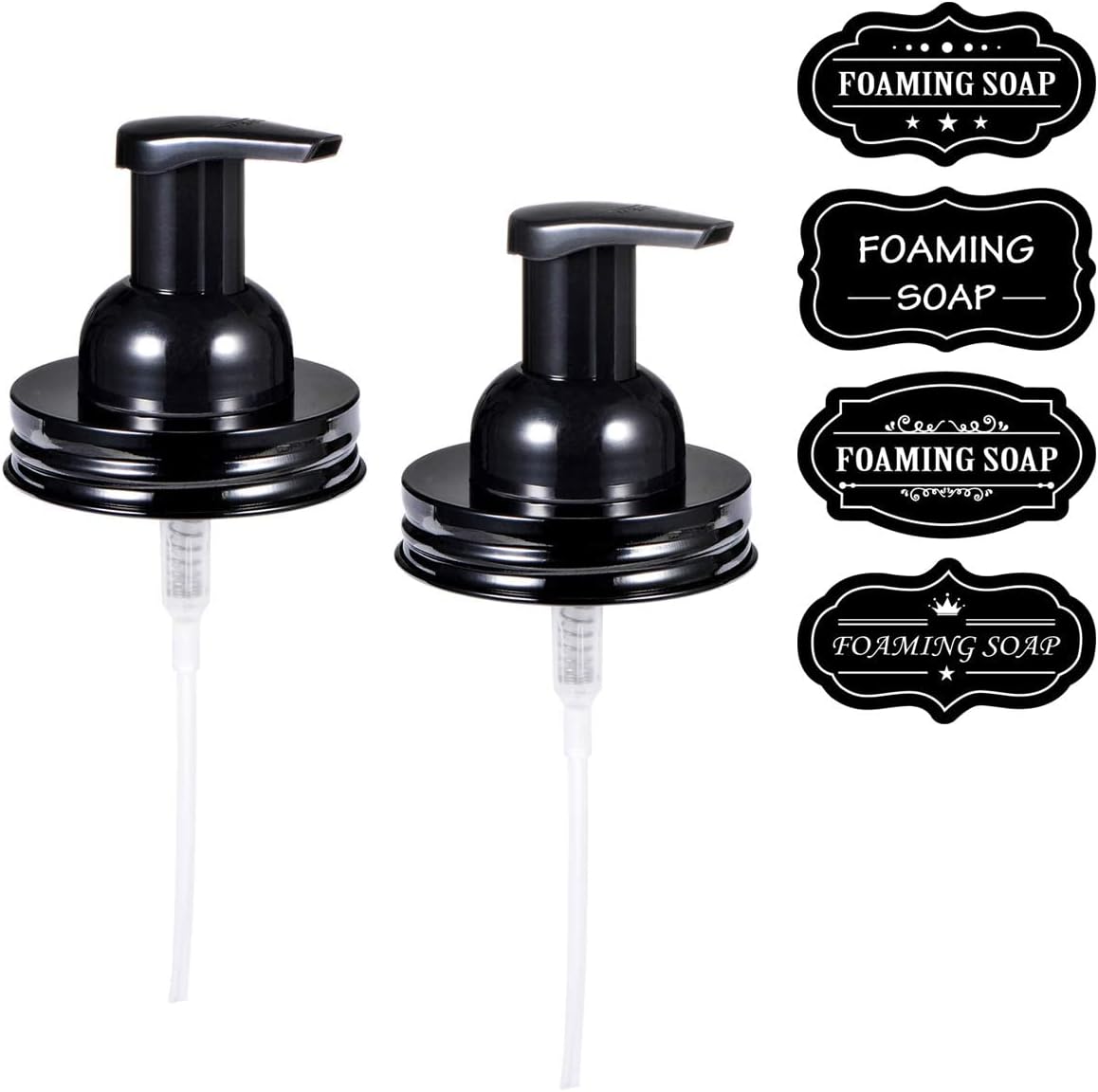 Amolliar Mason Jar Foaming Soap Dispenser Pump, Plastic Foam Soap Pump Rustproof Stainless Steel Lid, Refillable Hand Soap, Waterproof Labels, Cute Farmhouse Decor, Bathroom Accessories, Black 2 Pack Black 2pack