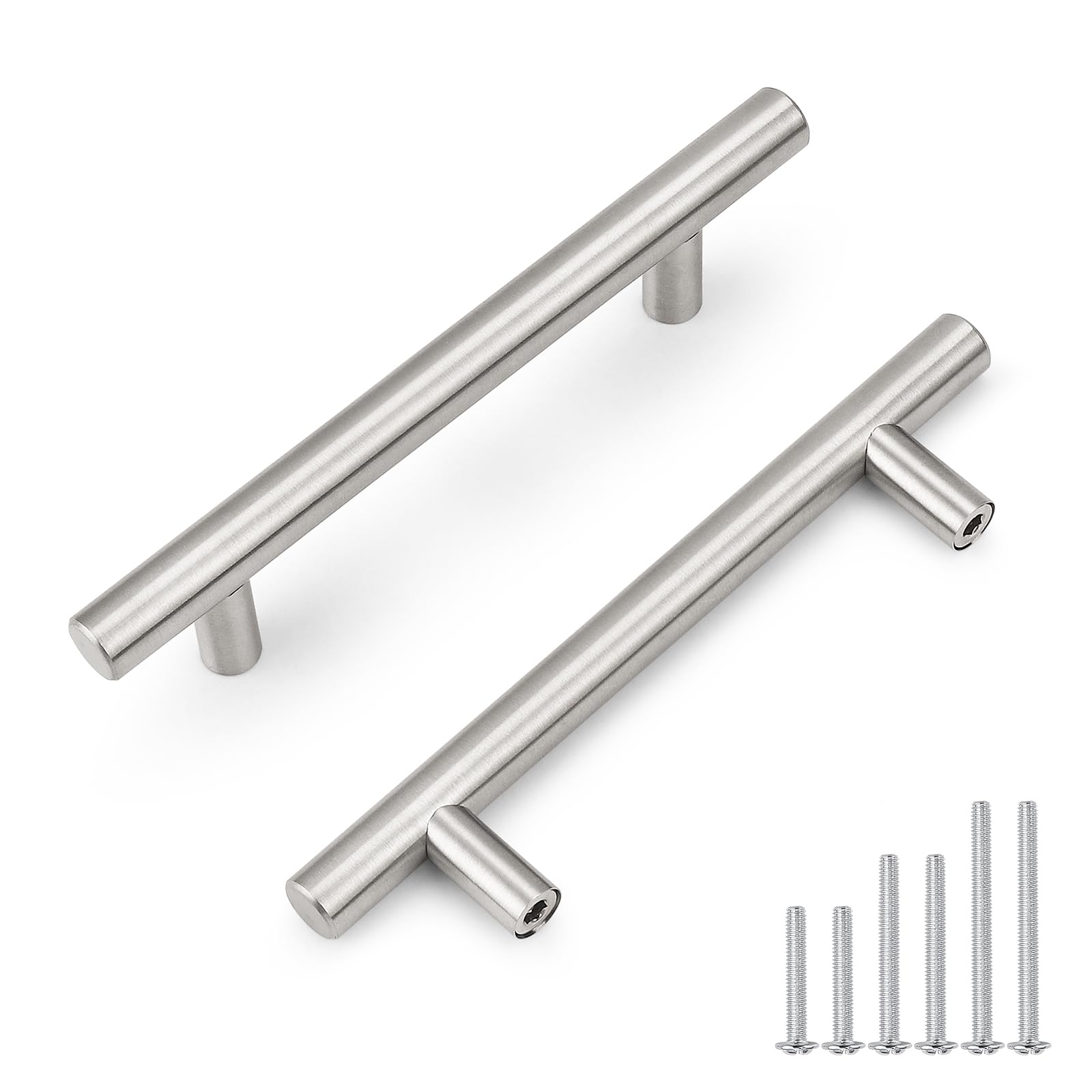 10 Pack Hole Centers 96mm(3.75inch) Brushed Nickel Cabinet Handles Stainless Steel Kitchen Cabinet Pulls Round T Bar Handles for Cabinets and Drawers Total Length 6inch(150mm)