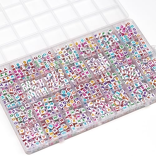Image of MELIUS Acrylic Square Letter Beads, 1120Pcs 6x6mm in Alphabetical Order A-Z Colorful Letter Beads with Numbers Beads for Jewelry Making, DIY Bracelets, Key Chains (6x6mm, Multicolored) | Alphabetical Cube Beads, 28 Grid Box, for Jewelry Making, DIY Friendship Bracelets, Necklaces, Key Chains