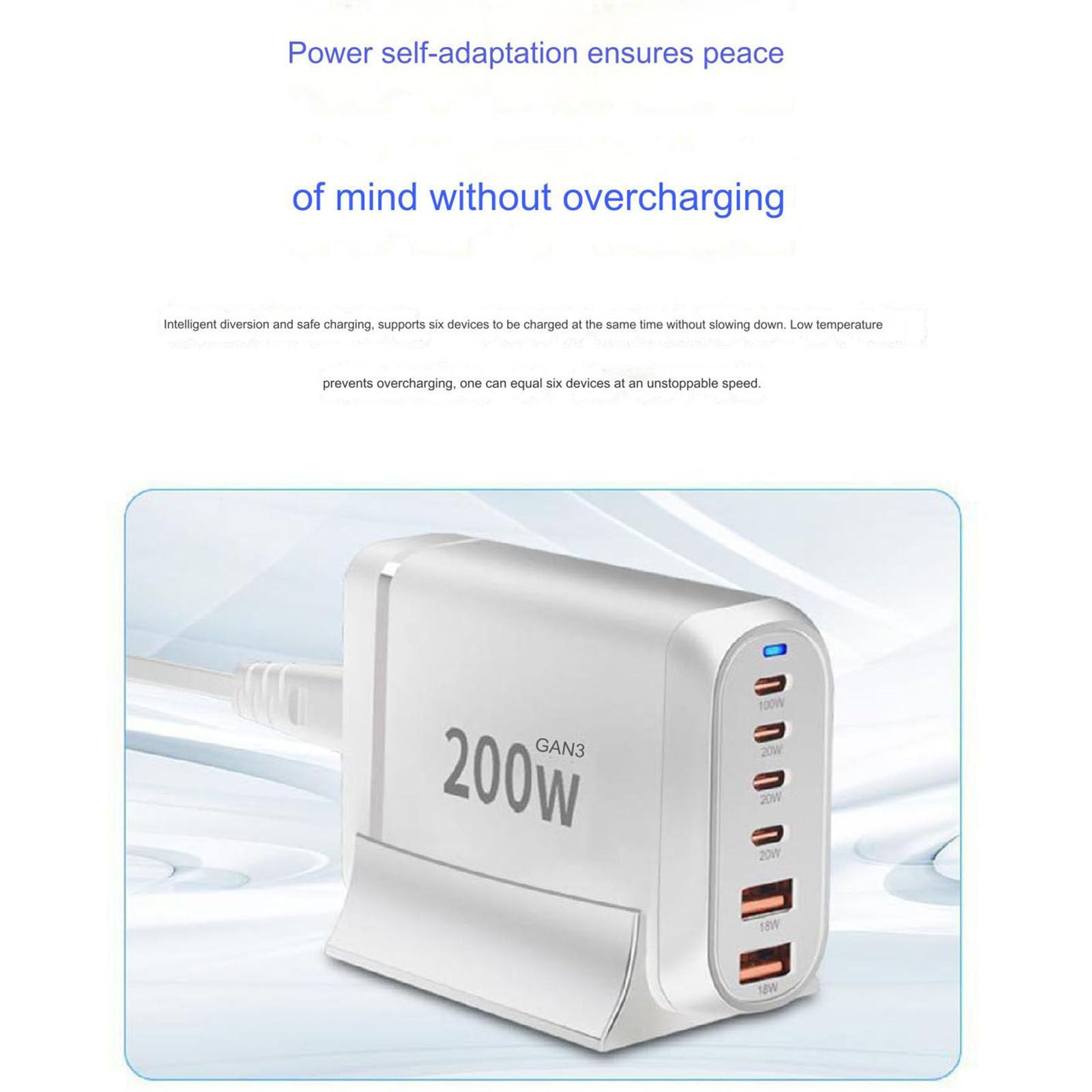 Cargador multipuerto de 200 W, cargador de escritorio USB de 6 puertos, cargador PD, cargador rápido 3,0, cargador USB móvil,White