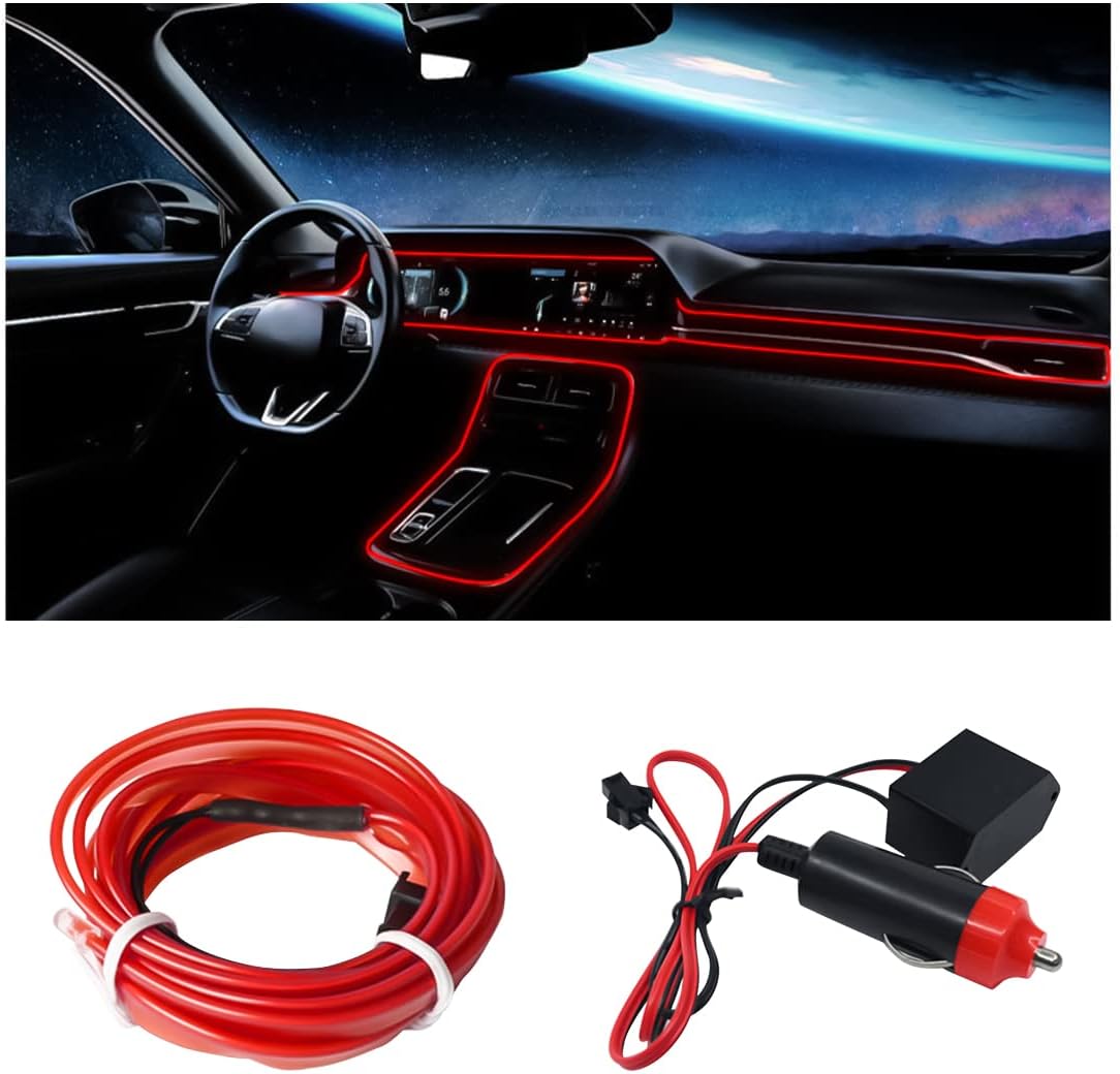 EL Wire Car Interior LED Strip Lights, 16FT Neon Light with Sewing Edge for Auto Cigarette Lighter, Electroluminescent Ambient Lighting Kits with Fuse Protection, Car Decoration Accessories (Red)