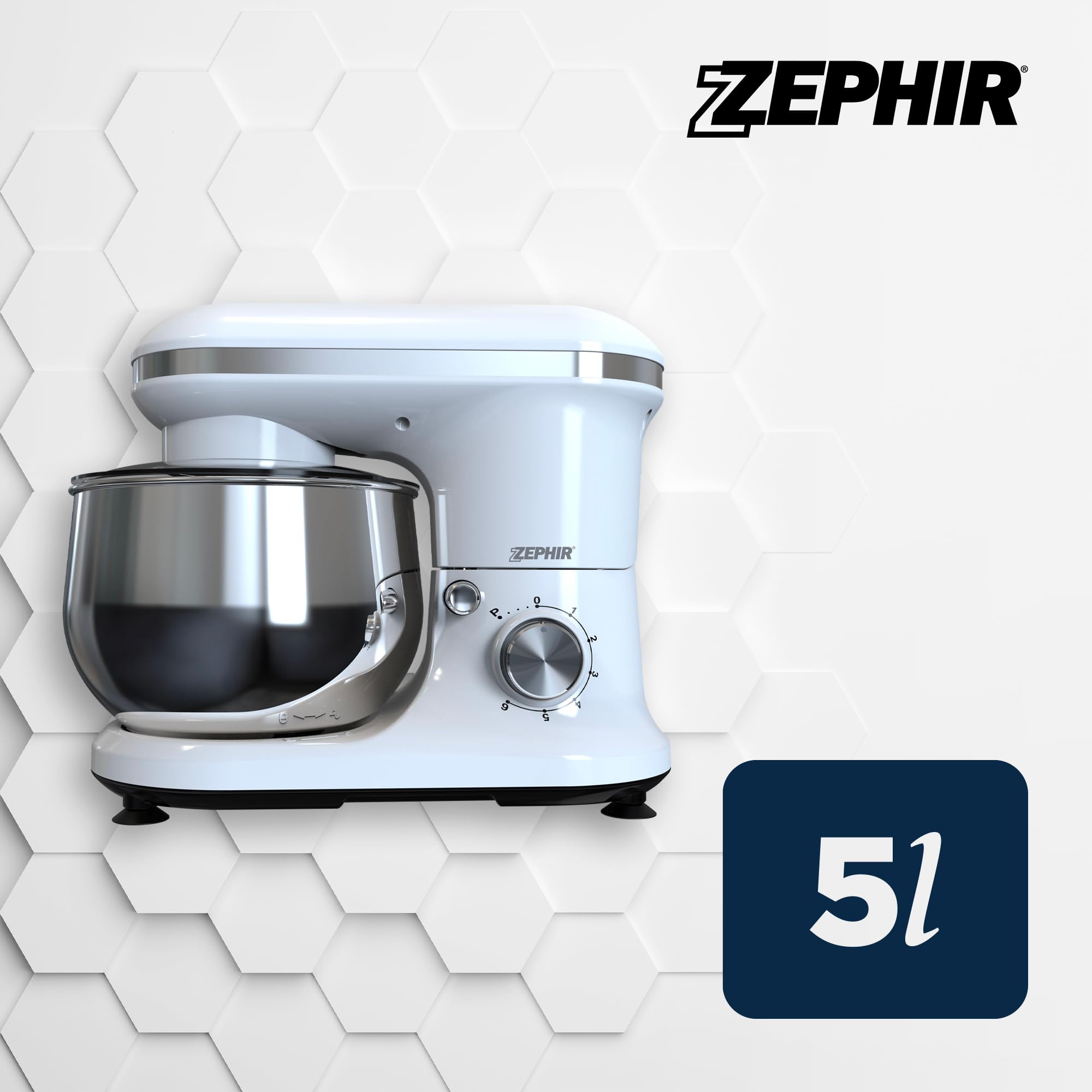 Zephir Impastatrice Deluxe 1000W con Ciotola in Acciaio 5,0L, 6 Velocità + Pulse, Accessori Inclusi, Ingranaggi in Acciaio, Corpo in ABS