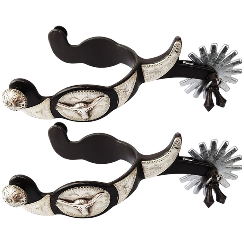 Fituenly Silver 2Pcs Western Spurs, Vintage Carved Spurs, West Cowboy Spurs, Retro Carbon Steel Horse Spurs With Turnable Gear For Horse