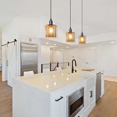 Miniatura 2 de Hurrah Iluminación colgante industrial de 3 luces, lámparas colgantes ajustables, pantallas de vidrio, lámpara colgante vintage para casa de campo,