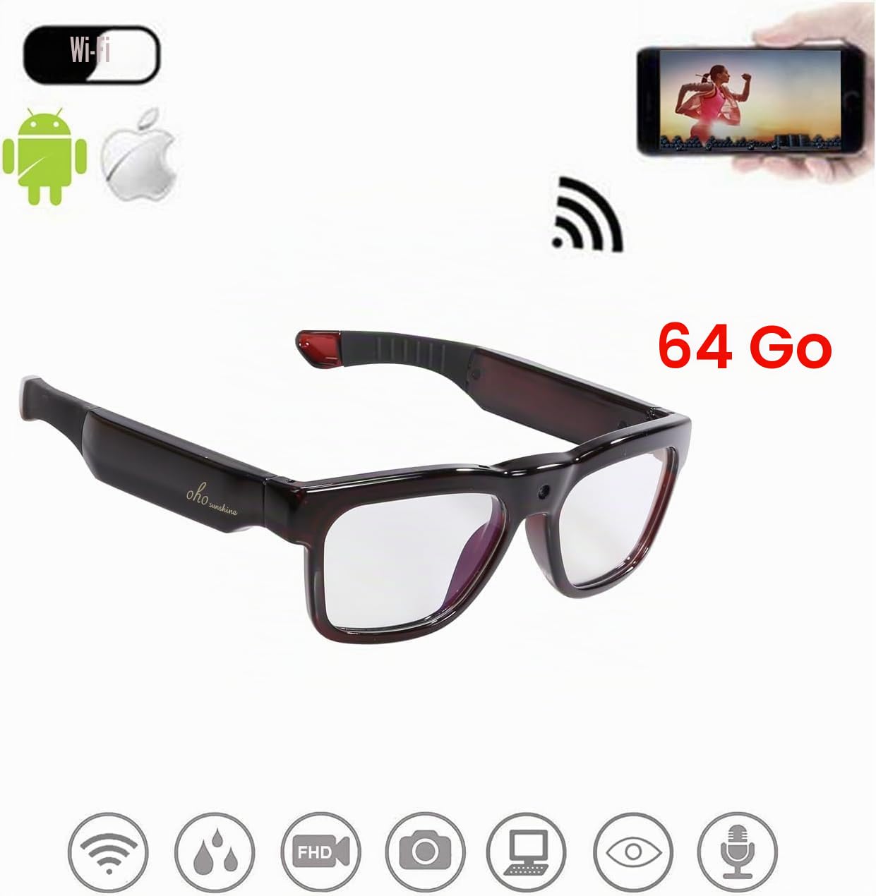 OHO WiFi Smart Glasses with 1080P Camera, Real-Time Live Streaming, UV Protection, Sweat-Resistant, Unisex for Daily & Outdoor Use