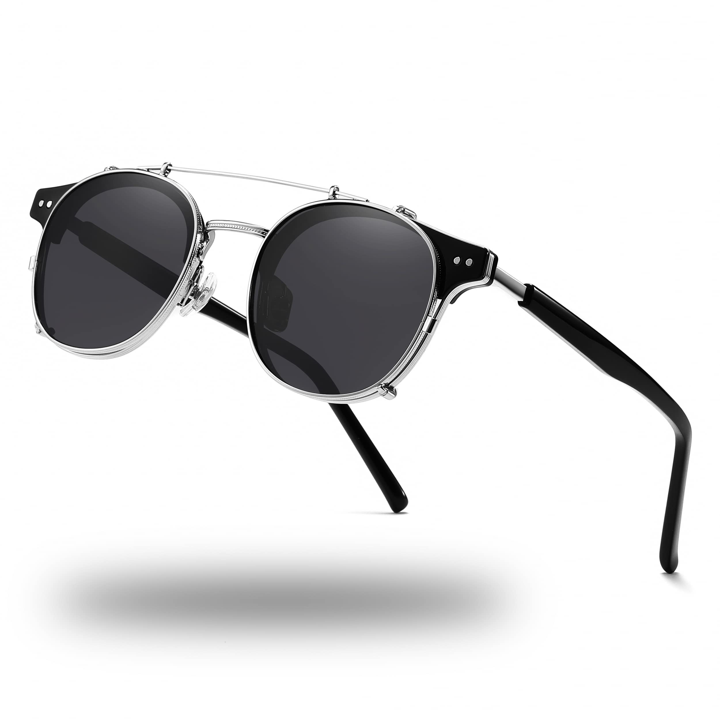 Technigadgets Pedro Steampunk Double Lens Clip On Men Sunglasses Retro Polarized Double Bridge Metal Frame UV 400 Protection