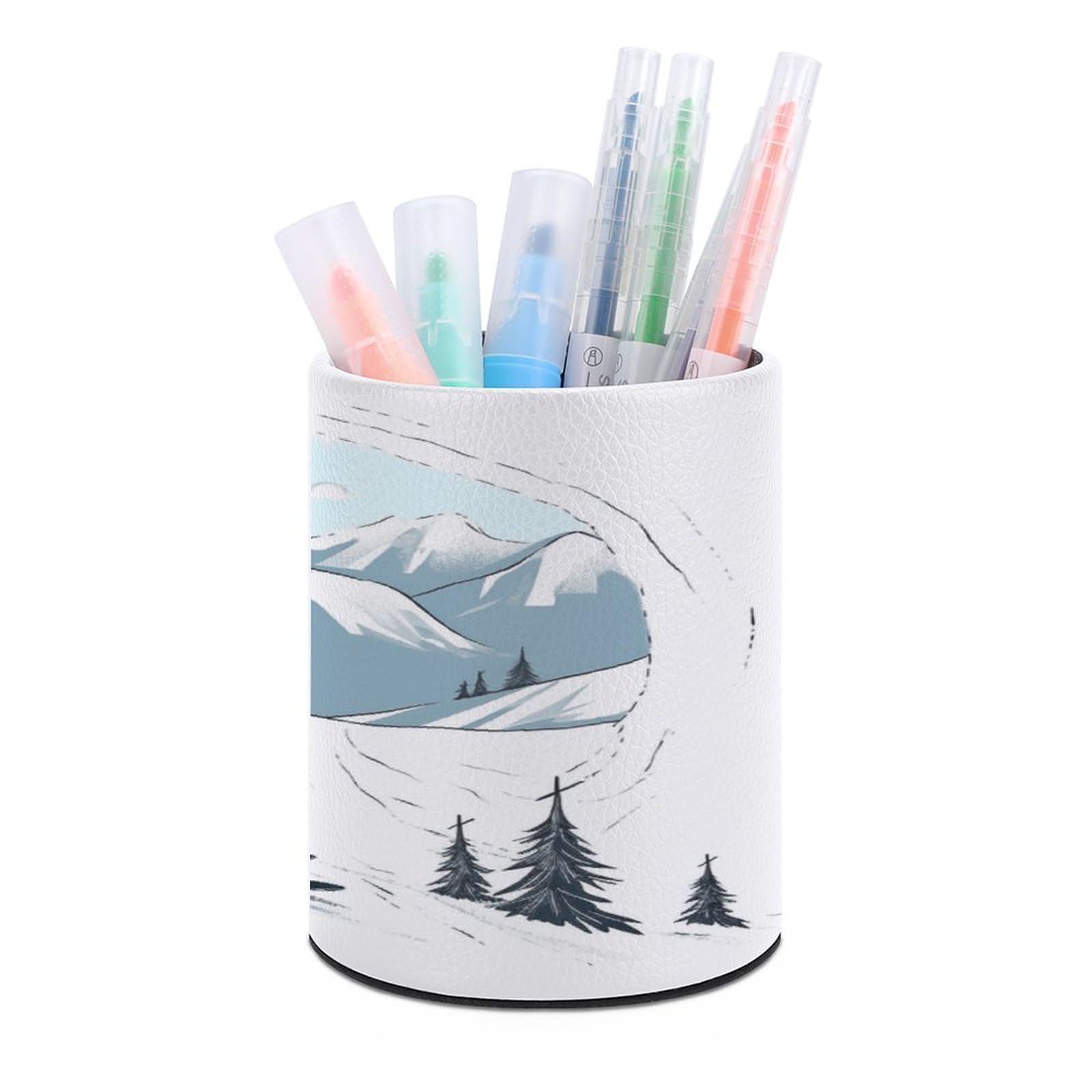 FekiLoot Skiing Theme Pen Holder Cup Fashion PU Leather Pencil Cup Minimalist Pen Organizer Round Pencil Holder Stand Work Locker Accessories for Decoration Desk Office Home