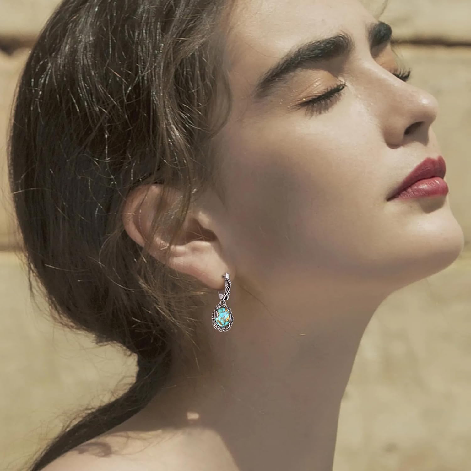 Teal/Blue/Purple Oval Turquoise Dangle Earrings for Women Leaf Vine Flower Latch Back 925 Sterling Silver Earring Vintage Oxidised Boho Turquoise Jewelry Valentines Day Gift for Her - Image 6