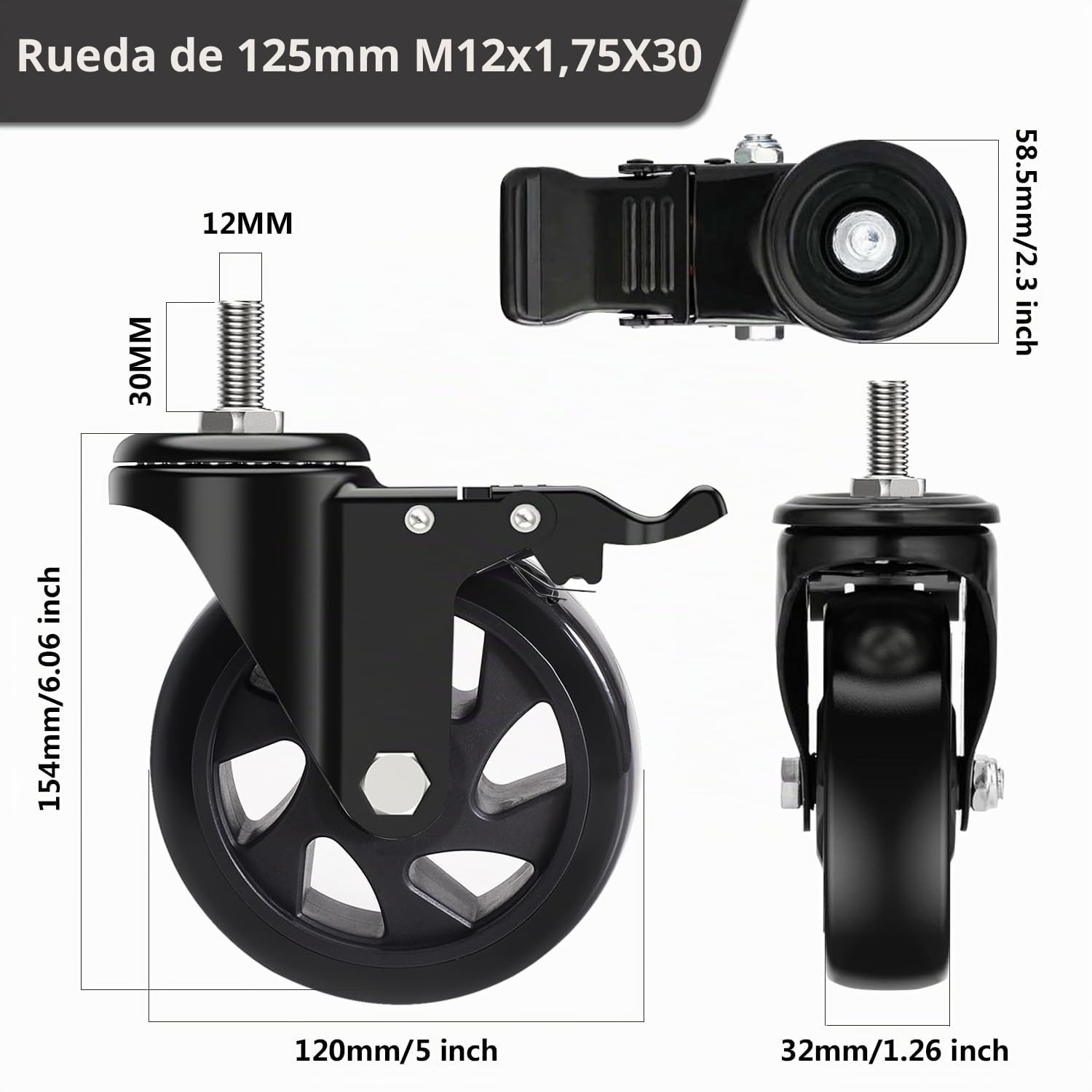 Ruedas para Muebles con Perno M12x1,75x30mm, 125MM Ruedas Giratorias con Freno, Ruedas Pivotantes 360 Grado que No Dejan Marcas, 4 Ruedas Transporte de Doble Rodamiento Capacidad 650KG