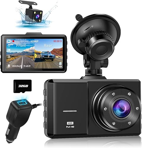 Dash Cam Front and Rear, SPADE Dual Dash Camera 1080P with 32G SD Card, Waterproof Backup Camera, DVR Car Dashboard Camera 1296P with Night Vision