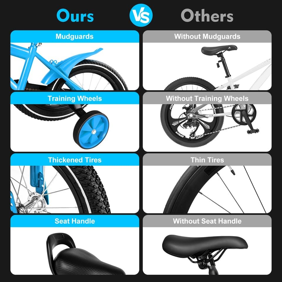 MccoMMon Vélo pour enfant de 14 pouces à partir de 4 ans, vélo pour garçon et fille, avec roues d'entraînement, freins à rétropédalage, roues supplémentaires réglables en hauteur, double système de