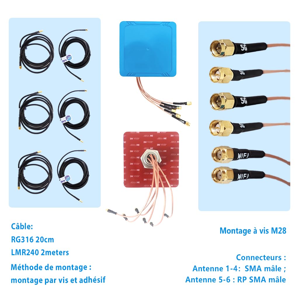 Maswell Antenne extérieure 6-en-1 4X4 MIMO 5G + WiFi 7 2X2 MIMO, Faible Gain 3dBi 700-6000 MH in, avec WiFi 6E, Bluetooth, WiMAX et Zigbee, Montage à vis et adhésif, SMA et RP-SMA